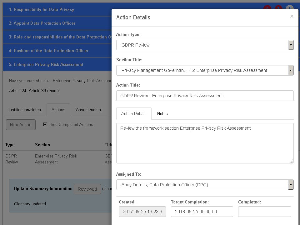 The actions editor allows you to create and assign actions throughout all parts of the <br>GDPR process, actions can be emailed automatically to the actionee.