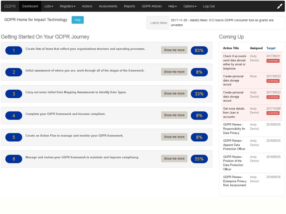 GDPR Software is a new on-line system, full of resources and configurable documents, <br>sample policies and procedures, giving you a jump start on your journey.