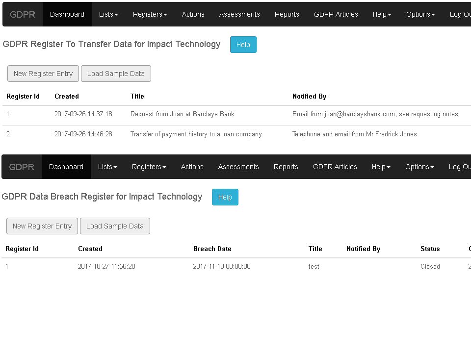 There are 5 registers available to record Data Breaches, Data Transfer, <br>Data Processes, Requests For Data and Restrict Data Access.