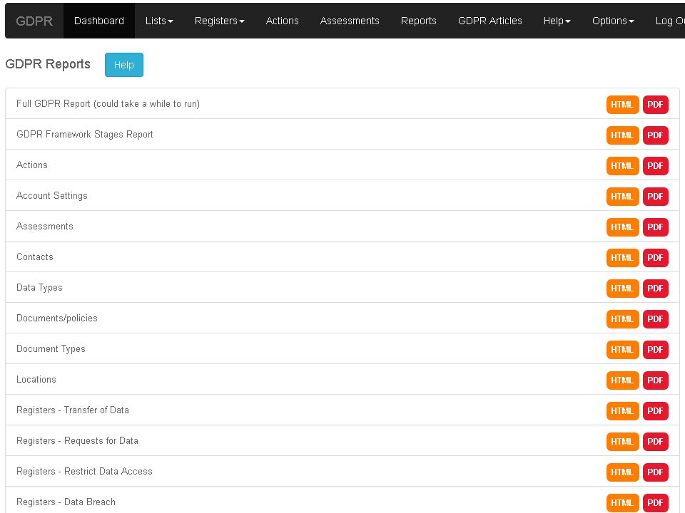 A complete set of reports are available, generating either HTML or PDF reports.  <br>They can be run individually or all at once to produce a complete GDPR status report.