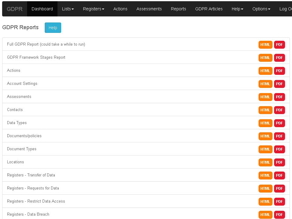 A complete set of reports are available, generating either HTML or PDF reports.  <br>They can be run individually or all at once to produce a complete GDPR status report.