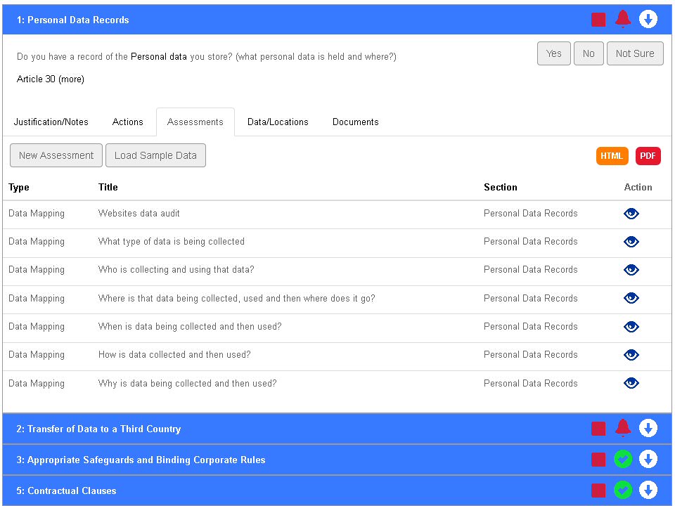 In answering and managing each question there are options to create notes, <br>create and assign actions, carry out an assessment, map data or attach documents.